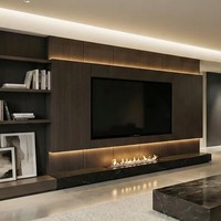 Set Meja TV Minimalis Custom Made dari Kayu Lapis, Terpasang di Dinding, Furnitur Ruang Tamu Mewah dengan Lampu LED