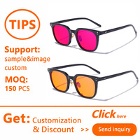Lunettes anti-lumière bleue unisexe Sunray rétro carrées, monture noire brillante, verres teintés rouges, pont de nez doré, rivets, OEM