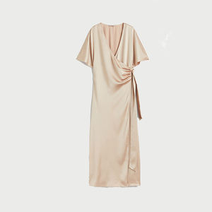 אופנה נוחה צבע טהור שרוולים פרפר שרוולים v-back עניבות סאטן שמלה קצרה לנשים - Product Image 1