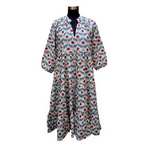 Hermoso Vestido Midi Floral de Algodón Transpirable Himanshi con Mangas Abullonadas, Cintura Natural, Estilo Casual para Fiesta en el Jardín, Silueta en A - Product Image 1
