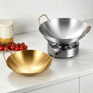 Wok chinois en acier inoxydable FLEY, grande poêle à frire mate, double poignée, pour cuisinière à gaz, usage commercial en cuisine - Product Image 1