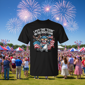 Camiseta I Put The Tism In Patriotism con diseño de mapache patriótico, color negro, unisex, para adultos, cuello redondo, manga corta - Product Image 3