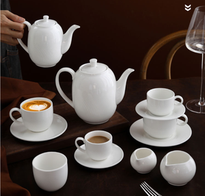 Service à thé et café en céramique blanche élégante avec logo personnalisé, théière, cafetière, tasse, soucoupe, crémier pour hôtel, restaurant, cadeau de mariage - Product Image 1