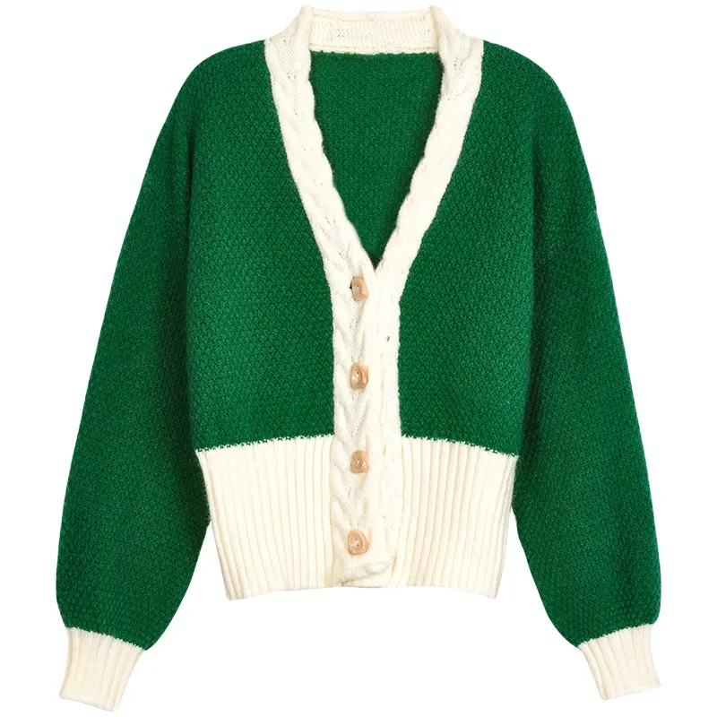 Custom Early spring 2022 new green sweater coat Women's Sweaters long sleeve thickened sweater cardigan V-neck top