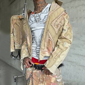 Blouson Bomber Detroit <span class=keywords><strong>en</strong></span> Denim et Toile Brodé Personnalisé OEM pour Homme, Effet Vieilli et Délavé, Vente <span class=keywords><strong>en</strong></span> Gros - Product Image 3