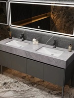 Armoire de salle de bain moderne à double vasque avec finition en pierre LED Armoire murale en marbre pour la maison Hôtel Villa Utilisation Comprend une table de lavage Suite de toilette