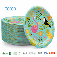 Assiettes en papier jetables biodégradables Soton bleu clair, imprimé floral tropical, vaisselle pour fête d'anniversaire d'enfants, vente en gros en usine