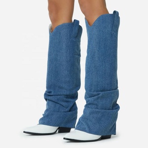 Custom Slouched Denim Cowboy Boots Overlay Women's Slip-on Point Toe Knee High <b>Booties</b> Blue High Chunky Heel Size 43 - Product Image 1