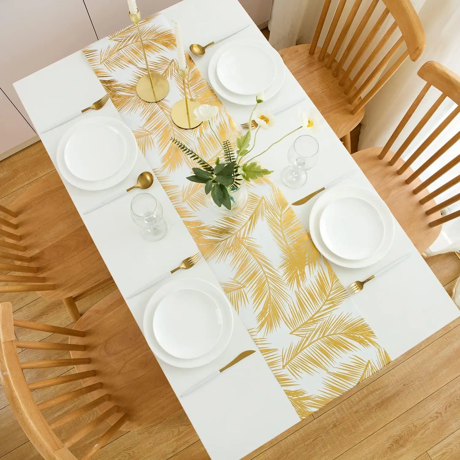 Skymoving nuovi accessori da cucina personalizzati Gold Runner di lusso in oro metallizzato foglie di palma da tavolo Runner Roll