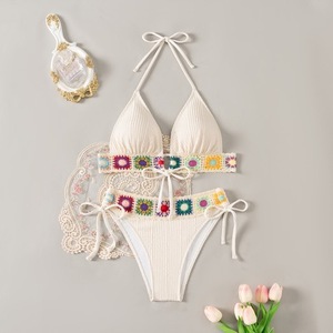 Summer Beach Women's Resort Floral Pattern Ribbon Patchwork Halter Neck Sexy <b>Bikini</b> <b>Set</b> - Product Image 1