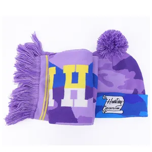 紫色迷彩图案提花豆豆冬季针织亚克力围巾豆豆帽子围巾套装