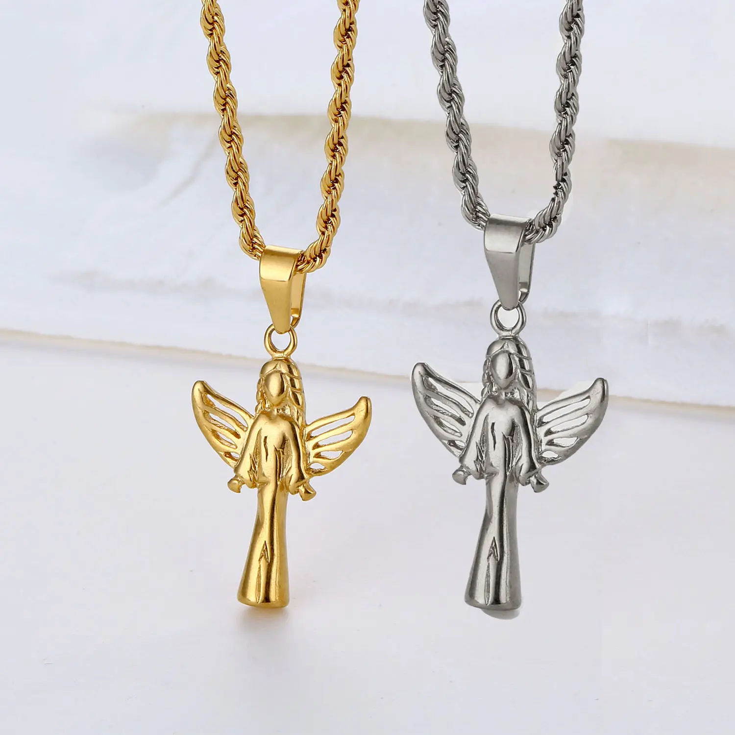 Fashion Stainless Steel Angel Necklace 18K Gold Plated Guardian Angel Wing Pendant Necklace for Women Girl Gift
