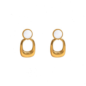 Geometric Drop Earrings Gold Cat's Eye Stone Bezel Setting Everyday Wear - Product Image 5