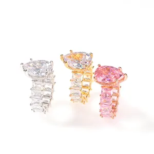 New Iced Out Tear Drop Shape Brass Rings Clear Pink CZ Ring Luxurious Designer Trendy Models For Women Man