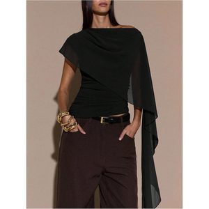FOXA Women's Ruched Cape <b>One</b> Shoulder Short Sleeve Asymmetrical Neck Fitted Crop <b>Top</b> 100% Polyester - Product Image 5