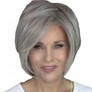 Short Style Gray Hair For Women Beat Quality Gray Thin Skin Hair System Fiber Bangs Wig