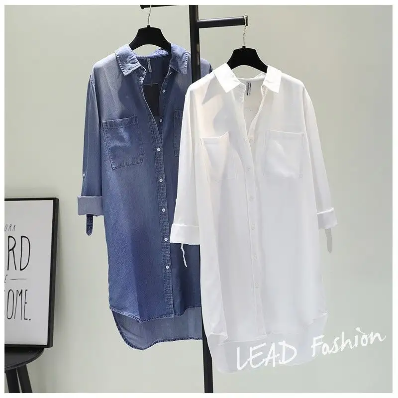 Medium Long Shirt Woman 2023 Spring New Loose European Style Long Sleeves Pocket Denim Blouses Shirts Tops For Autumn