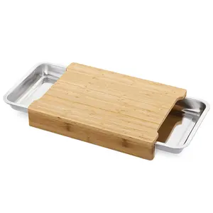新款到货竹菜板套装厨房竹菜板带2个不锈钢滑动抽屉盘托盘容器