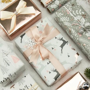 <b>Christmas</b> Gift Wrap Paper Roll Set Featuring Reindeer <b>Tree</b> Leaves Design Eco-Friendly Recyclable Metallized 100GSM Double-Sided - Product Image 3
