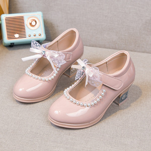 Lente 2026 Nieuwe Kinderhoge hakken Zachte zool Strikschoentjes Prinsessenschoentjes Anti-slip Waterdicht PU Bovenwerk - Product Image 2
