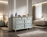 Commode traditionnelle en bois massif bleu clair à 10 tiroirs avec garniture et boutons dorés, multi-usages pour le rangement de la chambre
