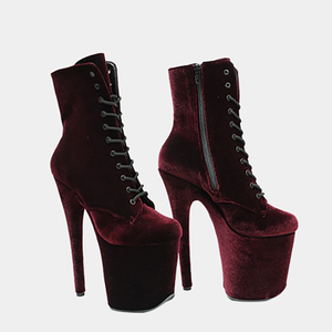 Claret nhung sexy kỳ lạ cực khiêu vũ giày vũ nữ Thoát y nền tảng mắt cá chân khởi động hộp đêm giai đoạn mô hình hiển thị gót - Product Image 1
