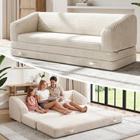 Sofá Cama Plegable 2 en 1 en Forma de L, Estilo Francés, Tapizado en Corduroy Gris, Respaldo Grueso, Asa de Transporte