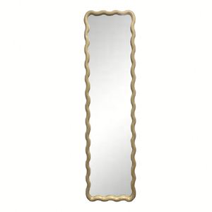 Miroir sur pied moderne rectangulaire décoratif de grande taille avec cadre en bois, forme ondulée, tendance et élégante - Product Image 5