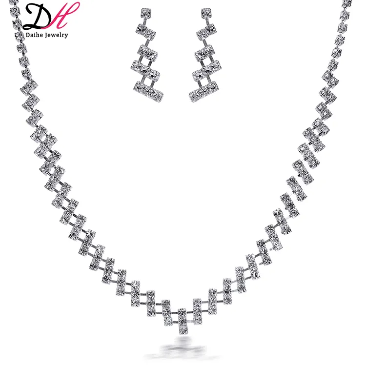 Bridal Jewelry Alloy Rhinestones European and American Simple Earrings Necklace Set Ornament Cross-border Selling Classic Silver
