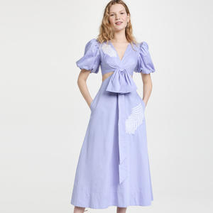 חדש אופנה נשים מקרית v צוואר אלסטי פאף קצר שרוול חלול החוצה תחרה עד כיס כותנה רקום שמלה - Product Image 1