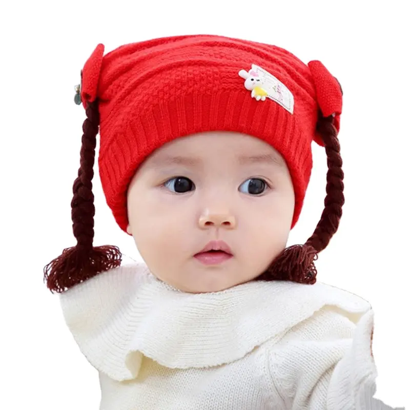 Zg Kinderen Gebreide Hoeden Winter Baby Meisje Vlecht Wollen Cap Dunne Gebreide Pruik Prinses Beanie Muts 2021 Warme Gebreide hoeden Cap Voor Baby