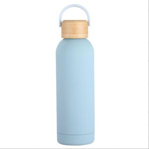 Custom Logo Available <b>Small</b>-Mouth Insulated Cup Outdoor Sports Water Bottle <b>Flask</b> With Portable Handle Bamboo and Wooden Lid - Product Image 3