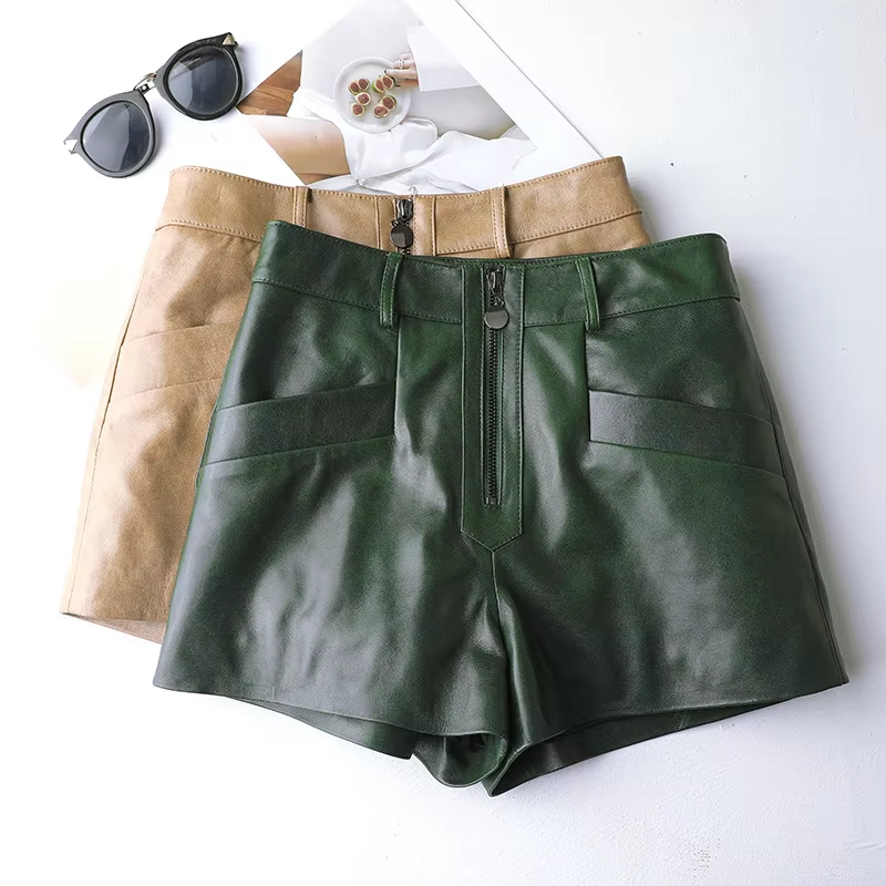 3663 New Style Winter Autumn Causal High Waist Motorcycles Green Leather Shorts for Women and Ladies