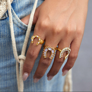 Horseshoe <b>Ring</b> Mother Of Pearl Inlay <b>Titanium</b> Steel Unisex Fashion Jewelry Gift - Product Image 2