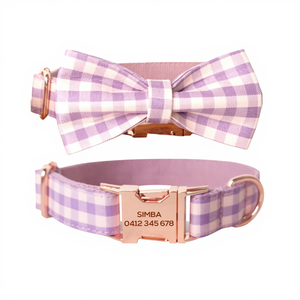 Ensemble collier et laisse pour chien personnalisé, gravé à la main, à carreaux violets - Product Image 1