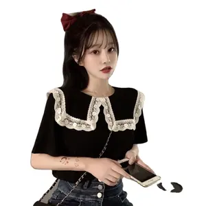 Koreanischer Stil Spitzen besatz großer Peter Pan Kragen schwarze Farbe Bluse Frauen schicken Stil kurze Hemden elegante T-Shirts Preppy Style Top