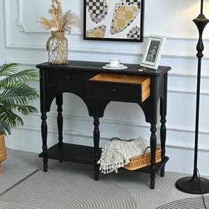 Easy Assembly 39.37" Accent Black Solid Wooden Classic Arched Design Turned Legs <b>Storage</b> <b>Console</b> <b>Table</b> For Living Room - Product Image 4