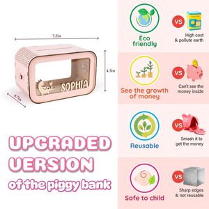 Children Wooden Piggy Bank Box Personalized Cartoon Money Box For Kids Bedroom <b>Desktop</b> Storage With Removable <b>Shelf</b> - Product Image 4