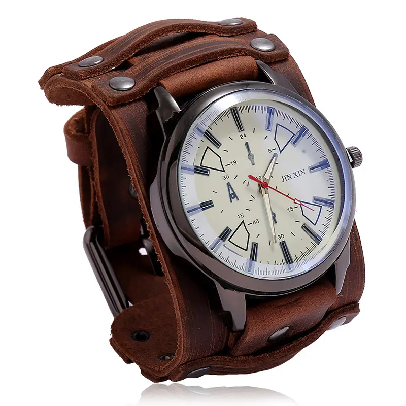Reloj de cuero genuino vintage pulsera de cuero para hombre al por mayor personalizado ajustable Steam Punk vidrio impermeable aleación redonda