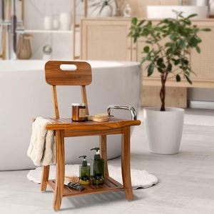 Chaise de salle de bain en bois simple avec étagère double, dossier en teck, tabouret de douche imperméable et antidérapant - Product Image 3