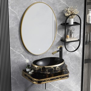 Modern Luxury Ceramic Basin Wash Basin Plate <b>Black</b> Gold Series Integrated Design Stone Pattern Mirror <b>Shelf</b> for <b>Bathrooms</b> - Product Image 1