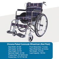Fauteuil roulant manuel avec cadre en acier chromé, siège à carreaux rouges, pliable, capacité 100 kg, pour soins aux personnes âgées