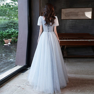 Blue Evening Gown Sweetheart Neckline A-Line Empire Waist Floral Print Light Blue Gray Long Dress For Banquets And Performances - Product Image 4