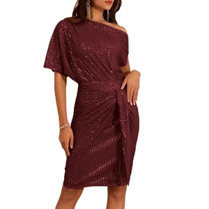 Dropshipping Shopify <b>Womens</b> One Shoulder Sequin Party Dress Ruffled Hem Glitter Club Cocktail Bodycon Midi Dress - Product Image 4
