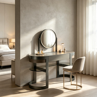 Table de beauté de luxe avec miroir, cadre en métal incurvé, dessus en cuir ovale, table de maquillage avec tiroir pour chambre à coucher, villa, hôtel