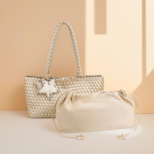 Direct van de fabriek: handgemaakte geweven tas voor dames, grote capaciteit, champagne gouden schoudertas/handtas - Product Image 2