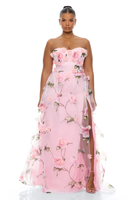 Robe de soirée élégante pour femme, sans bretelles, en mousseline rose, taille naturelle, avec fleurs 3D et fente haute, longue, pour bal de promo et mariages