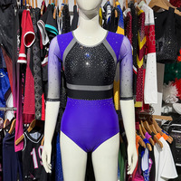 Justaucorps de gymnastique sans manches en spandex bleu mystique avec strass pour femme, idéal pour la danse et l'entraînement, personnalisable, vente en gros