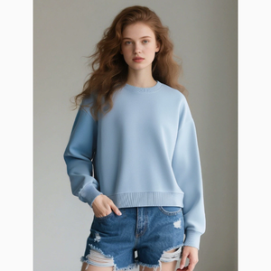 Sudadera de cuello redondo de algodón puro de manga corta para mujer, estilo europeo y americano, 350 gramos, diseño simple, adelgazante, para otoño. - Product Image 2