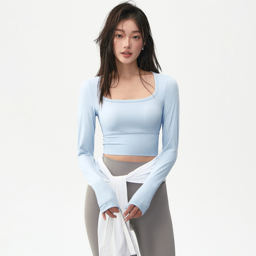 Yoga Wear Autumn/Winter Womens Long-Sleeve Fitted-Cup Moisture-wicking Nylon Spandex Waist-length Pilates Training Top